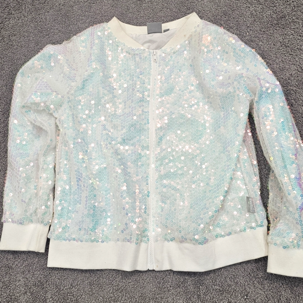 Disney Frozen 2 Sequin Spirit  Bomber Jacket Girls Size 14/16 XL White Sequins